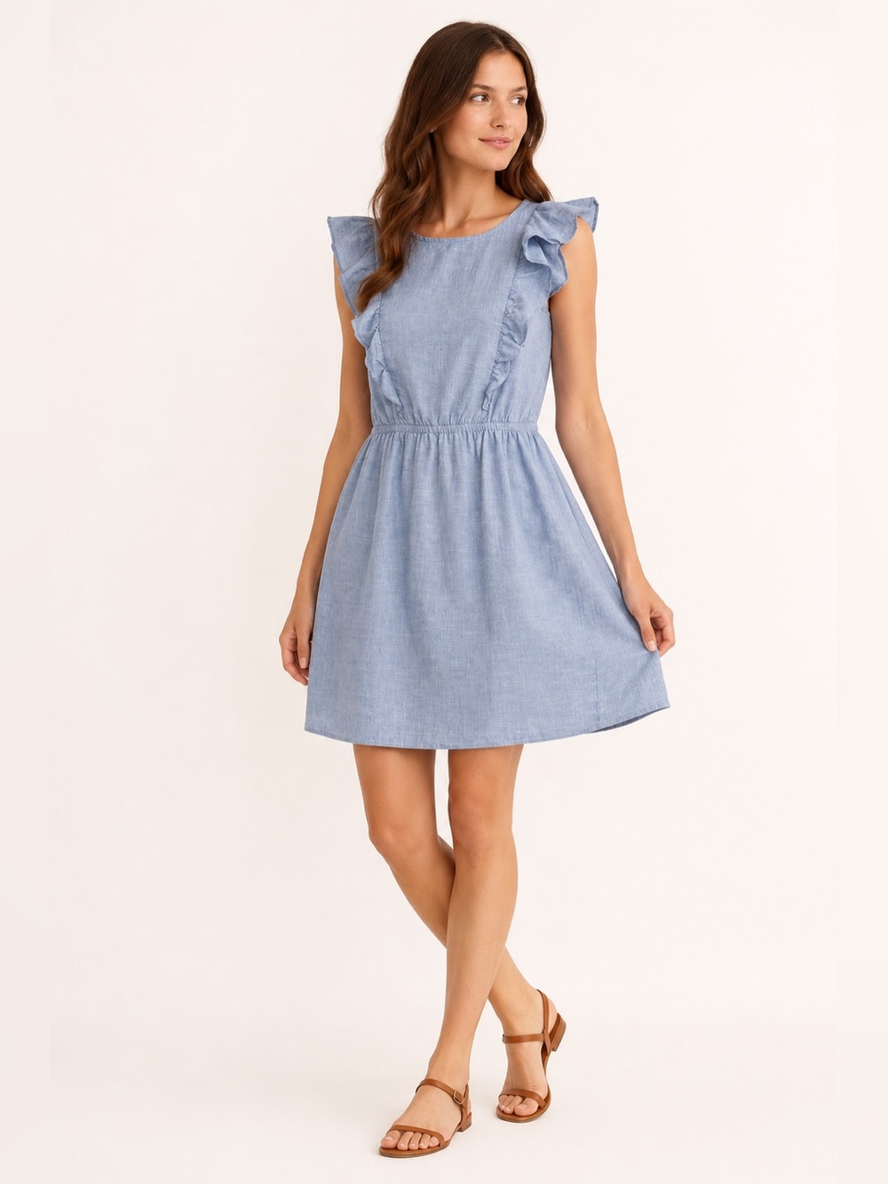 Madewell Blue Chambray Ruffle Mini Dress Size 0 Sleeveless Elastic Waist